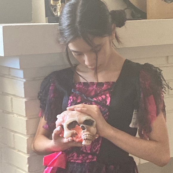 Girls Costume Dead zombie Prom Queen Corset 8 10 Pink Black Lace Bow Layered - Picture 2 of 15